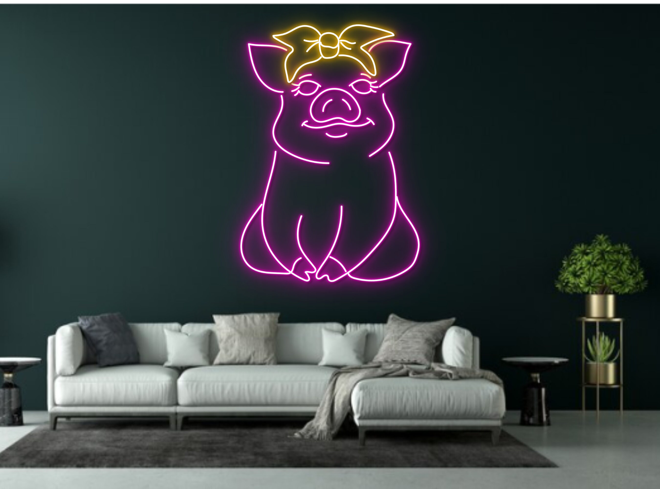 Cute Pig With Hair Band Neon Sign