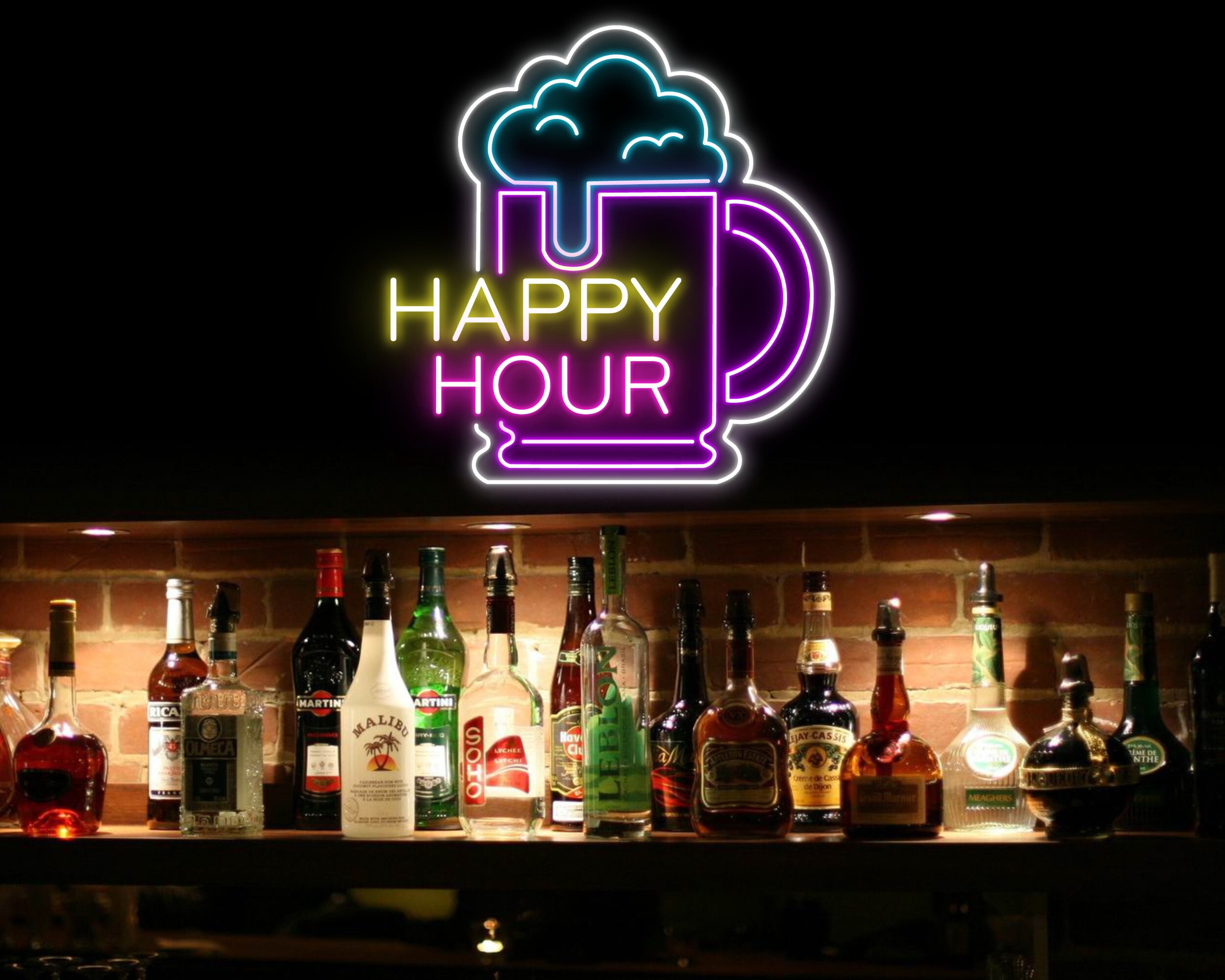 Happy Hour Beer Bottle Glass Foam Neon Sign
