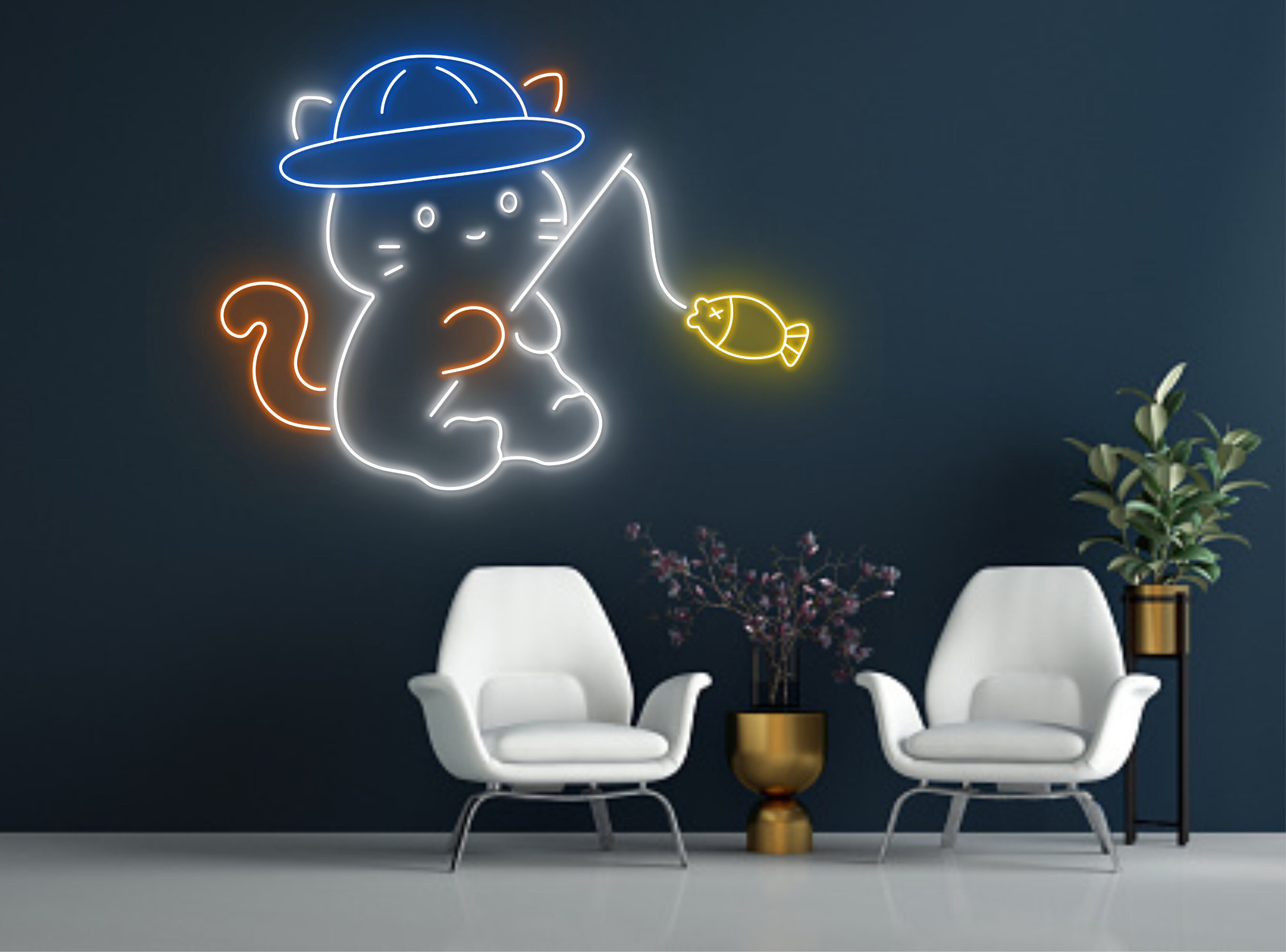 Cute Cat Fishing Line Art Neon Sign Cat Owner Decor