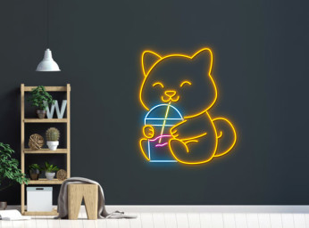 Chibi Dog Drink Bubble Tea Neon Sign