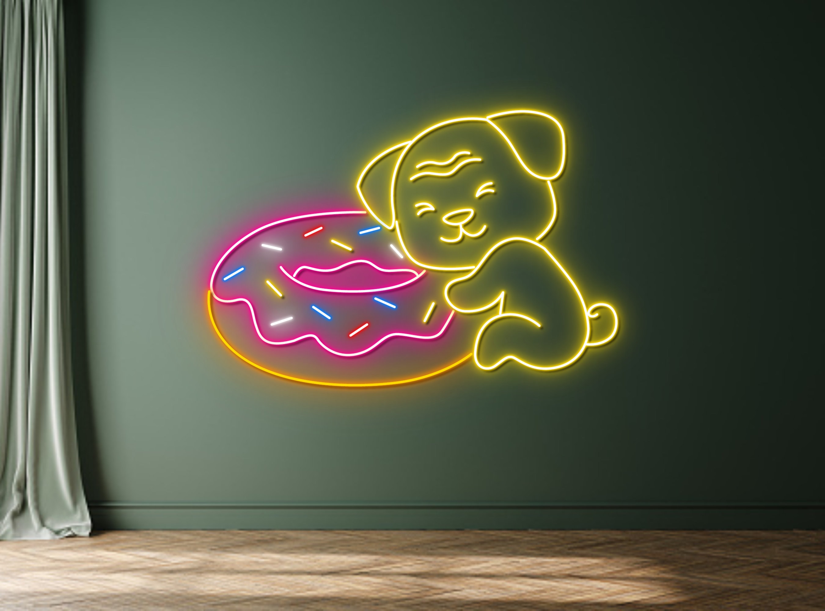 Pug Dog Hug Donut Cake Neon Sign