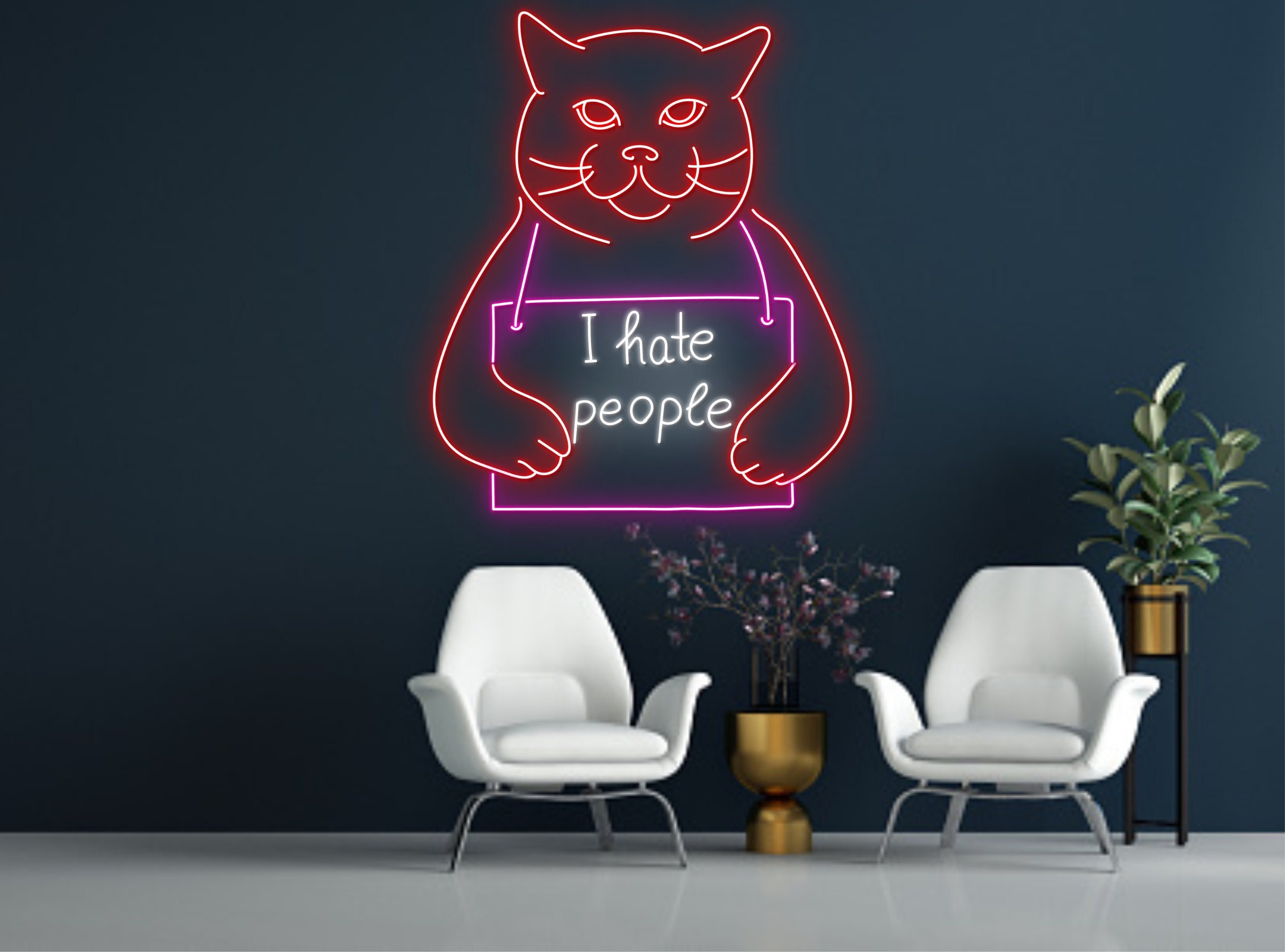 I Hate People Prison Cat Portrait Jailed Cat Neon Sign