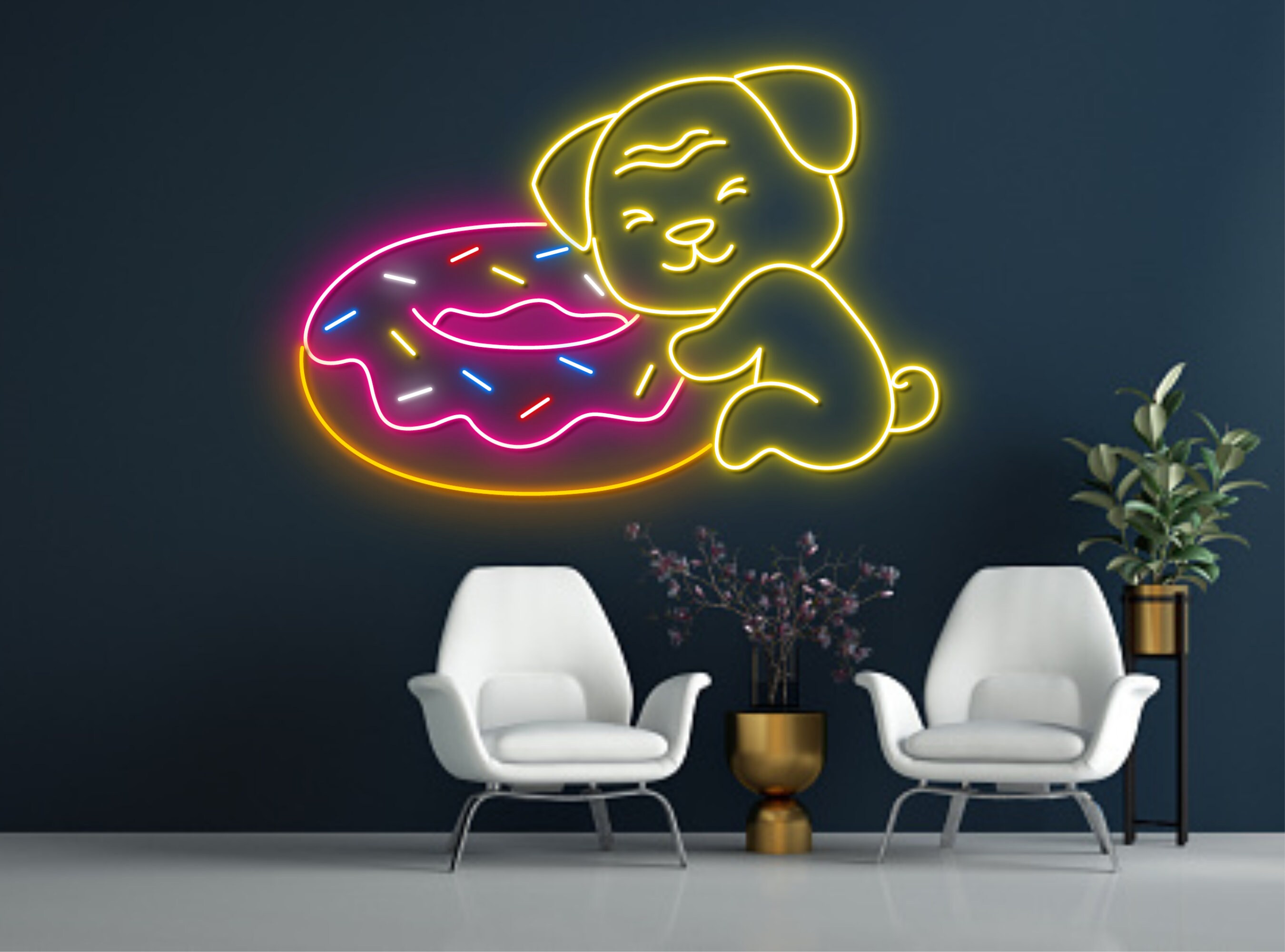 Pug Dog Hug Donut Cake Neon Sign