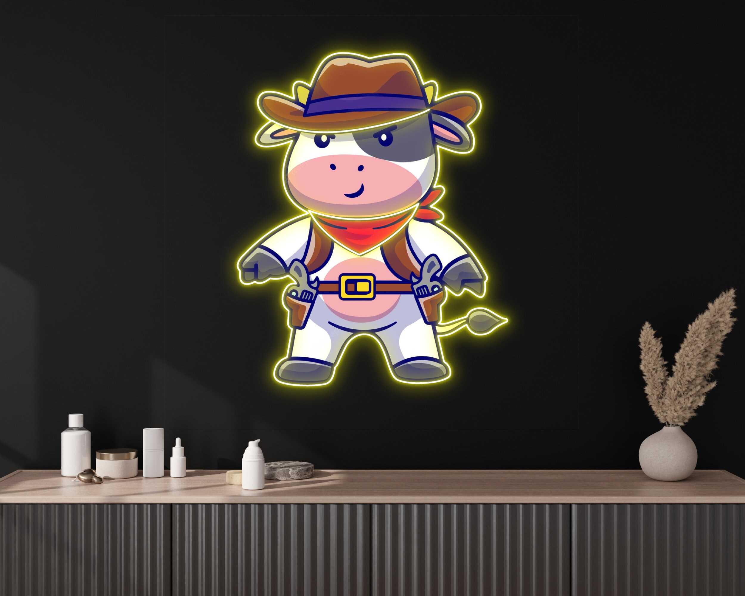 Cute Cow Cowboy Cartoon Neon Sign