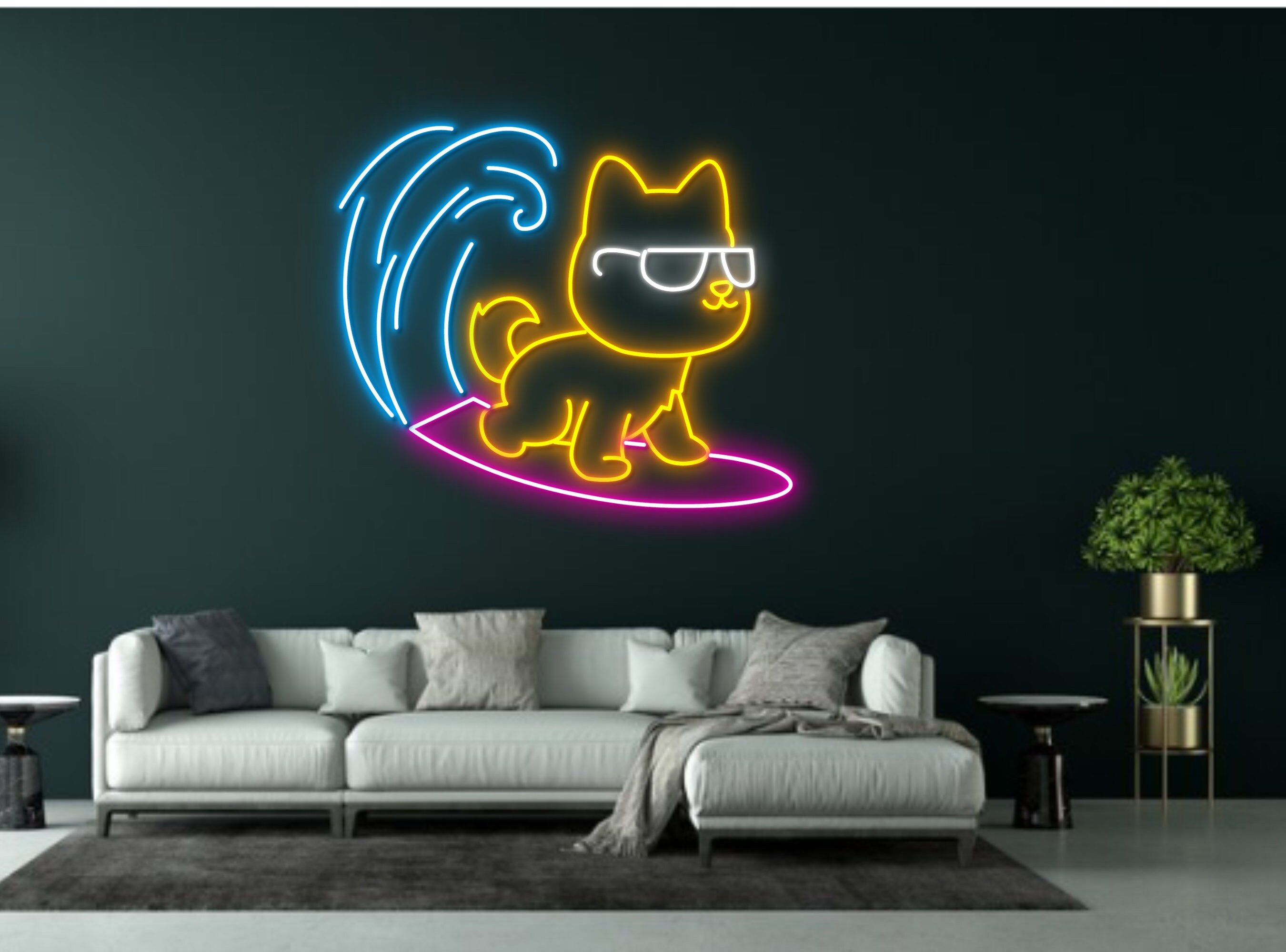 Chibi Dog Surfing On The Beach Neon Sign