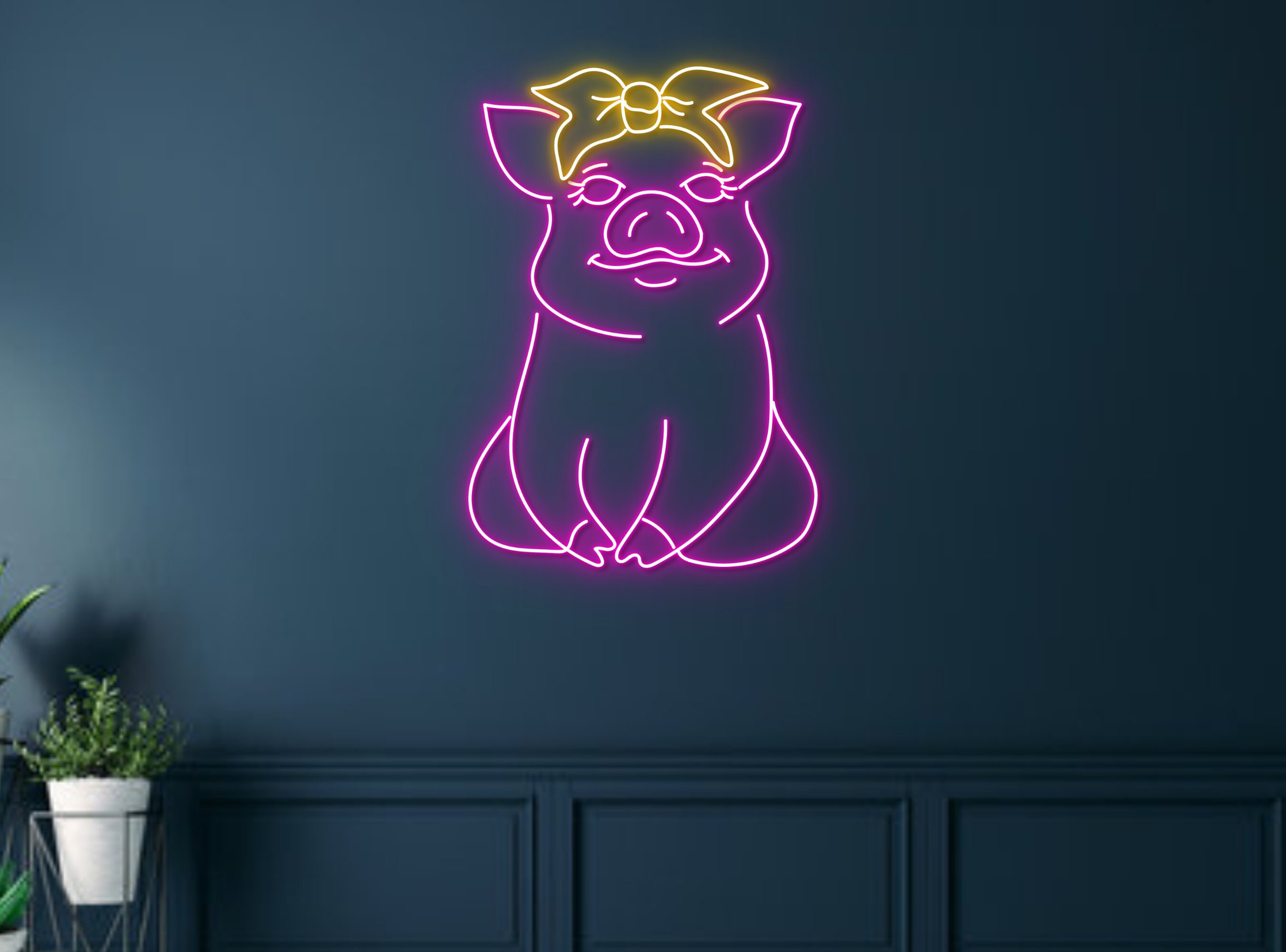 Cute Pig With Hair Band Neon Sign