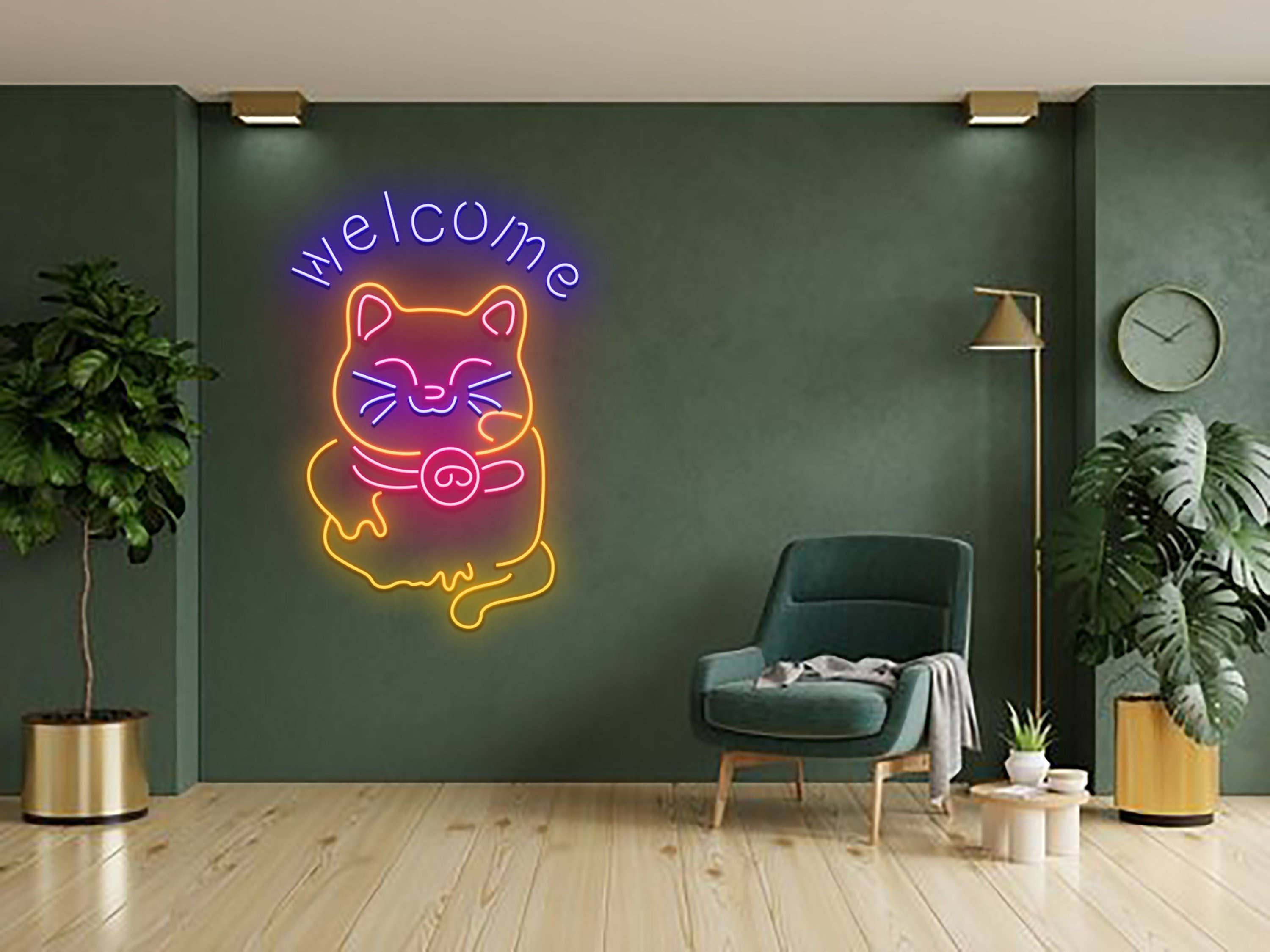 Cat Welcome Neon Signboard Shop Store Entrance Decor