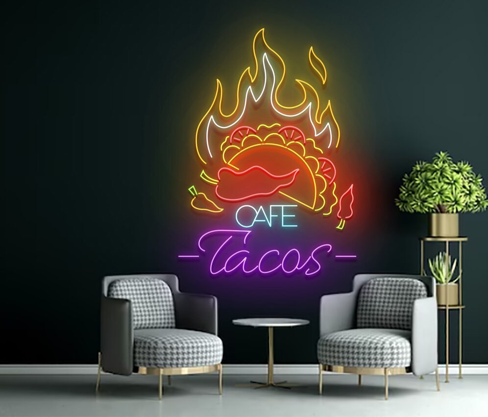 Cafe Tacos Restaurant Neon Sign Mexican Food Art