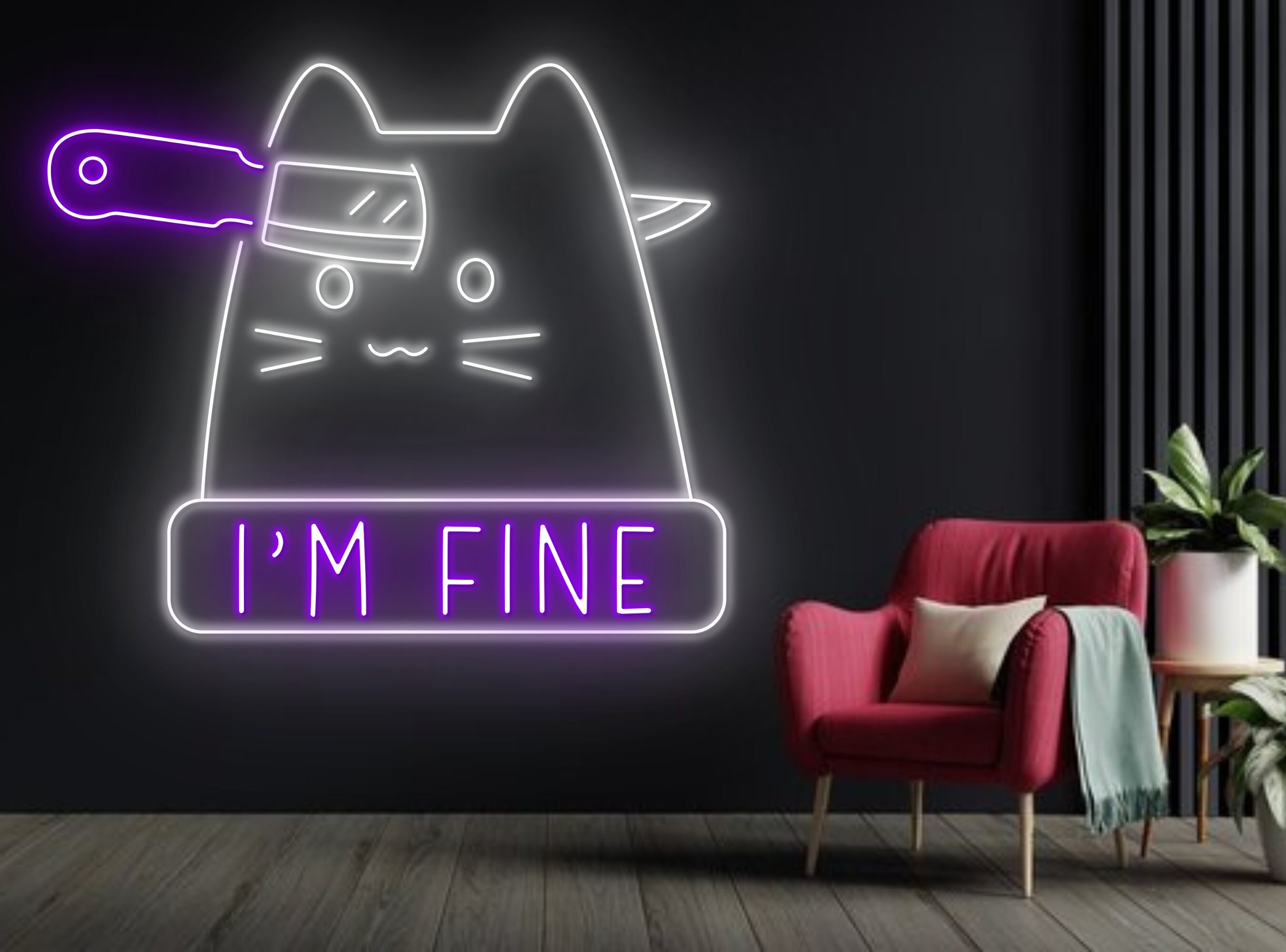 Knife In The Cat Head Line Art Neon Sign