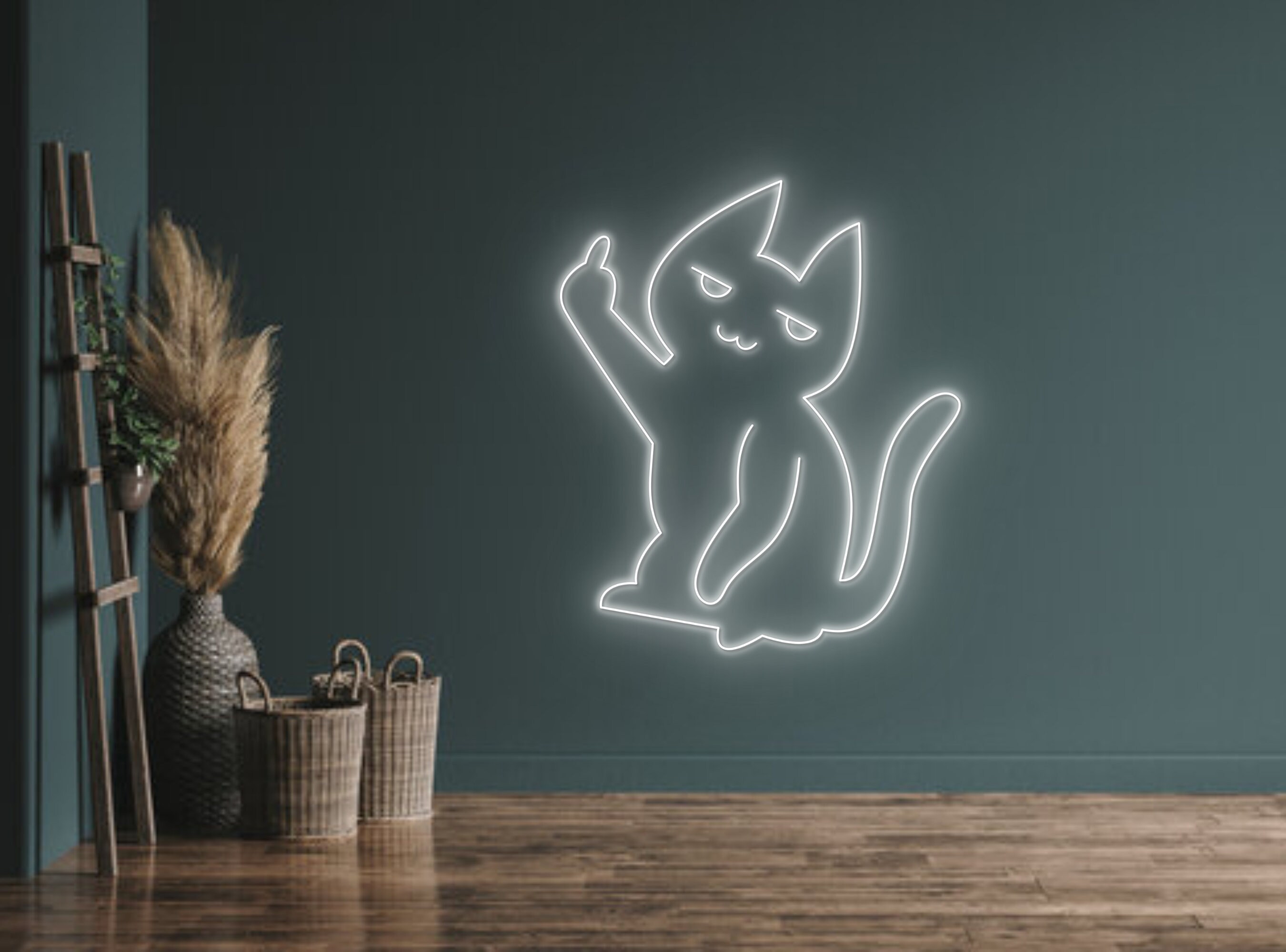 Humor Middle Finger Chibi Cat Line Art Neon Sign