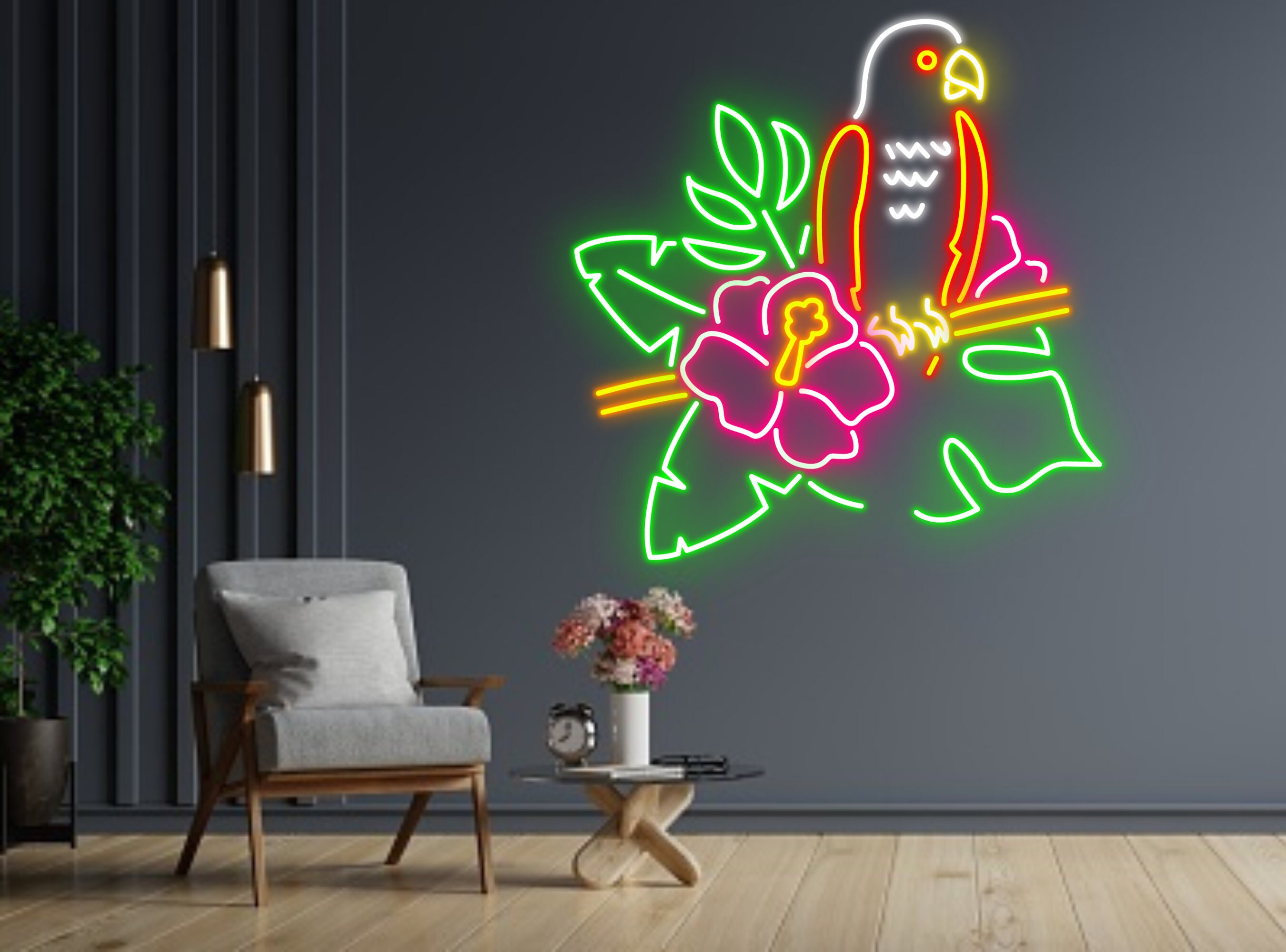 Parrot And Tropical Flowers Neon Sign