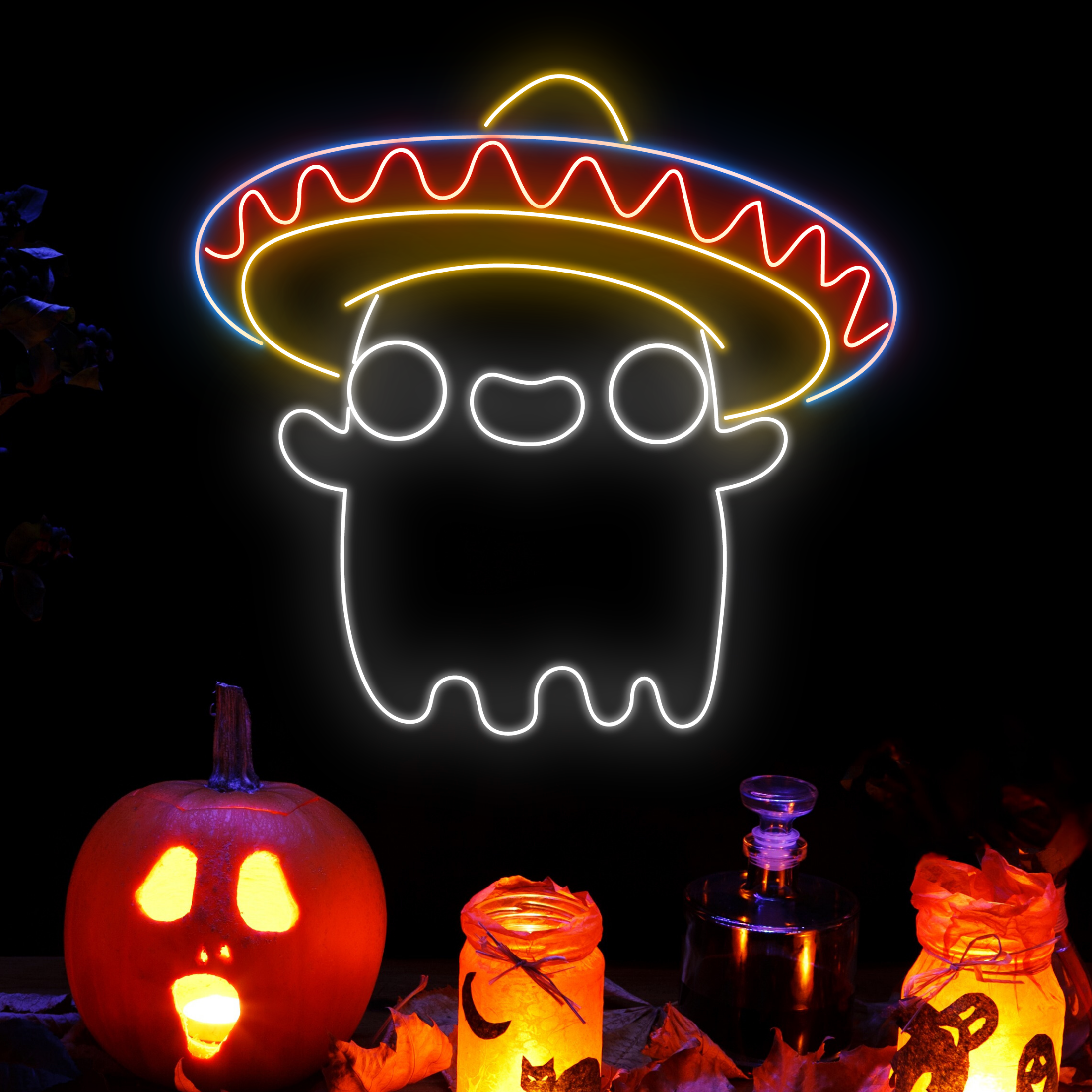 Mexican Hat Ghost Neon Signs Taco Restaurant Halloween Decor