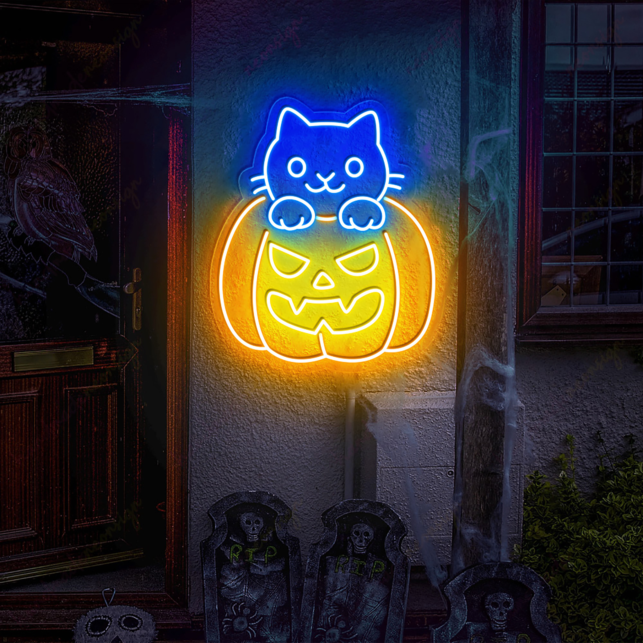 Cat Pumpkin Neon Sign Halloween Wall Art Decor