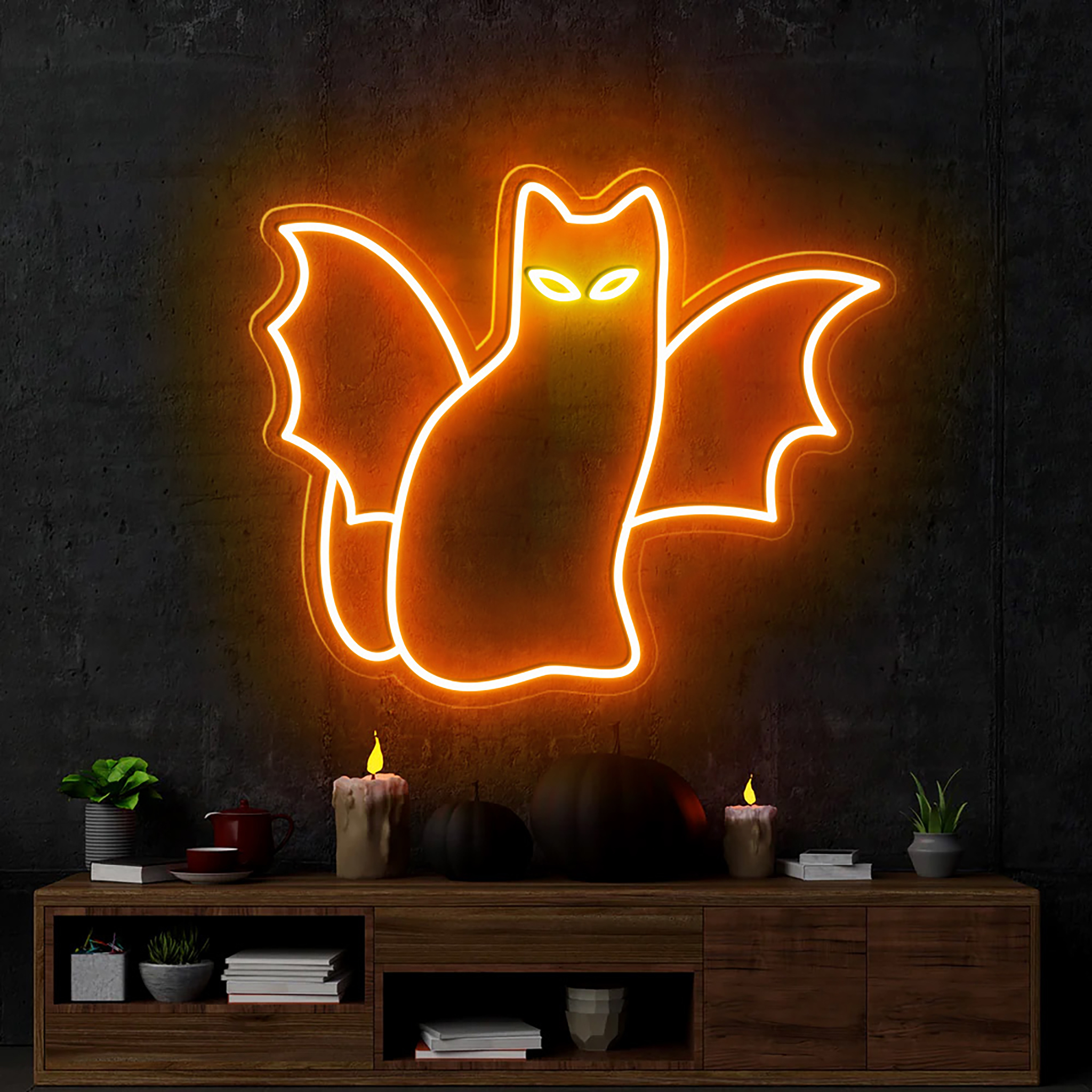 Cat Bat Neon Sign Halloween Wall Art Decor