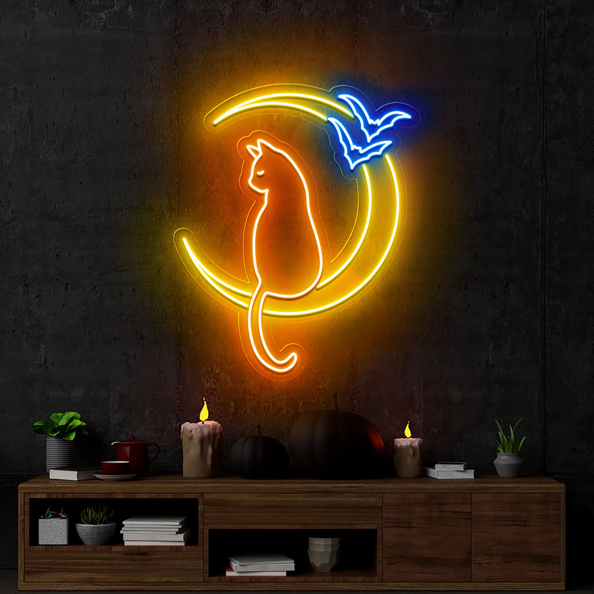 Cat On The Moon Neon Sign Halloween Wall Art Decor