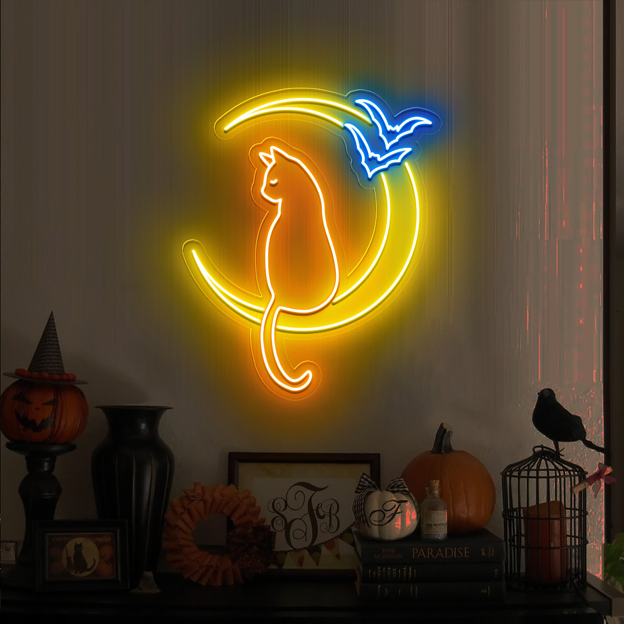 Cat On The Moon Neon Sign Halloween Wall Art Decor