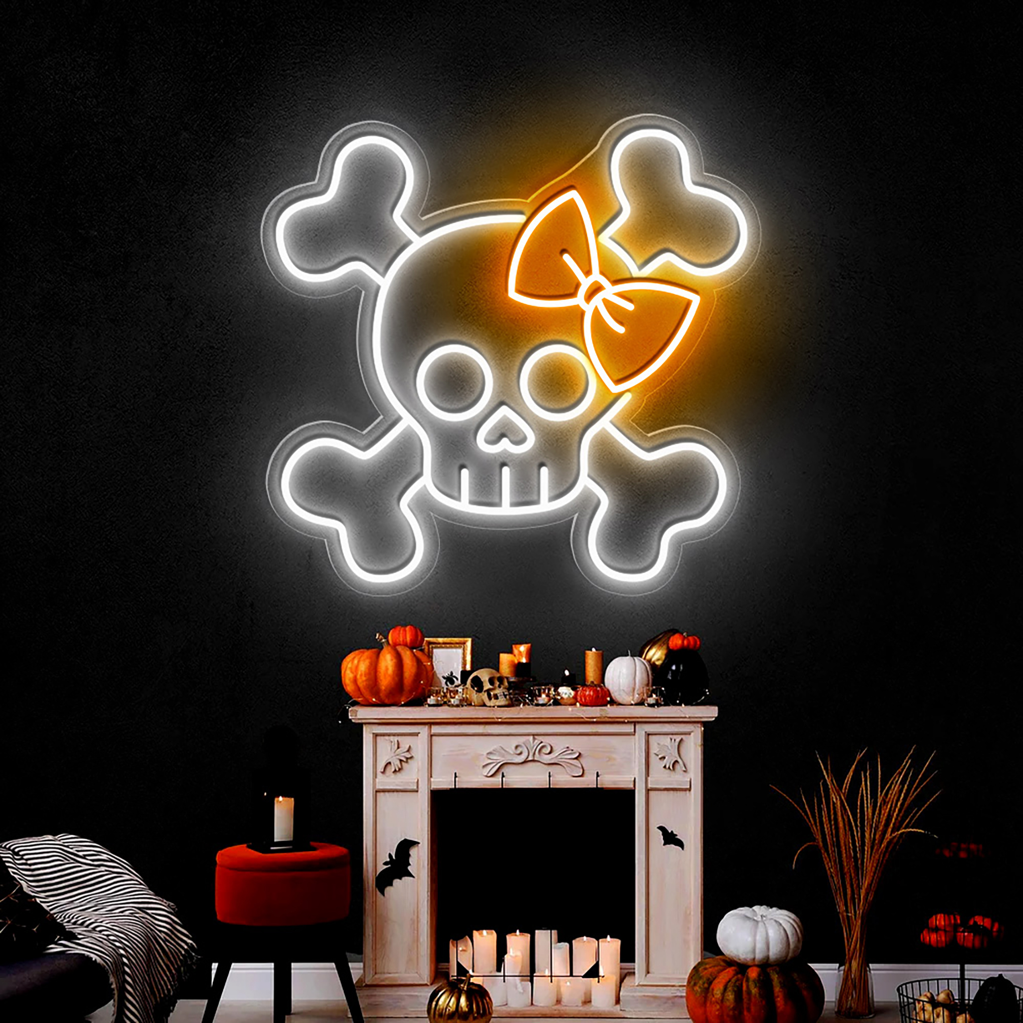Skull Crossbones Neon Sign Halloween Wall Art