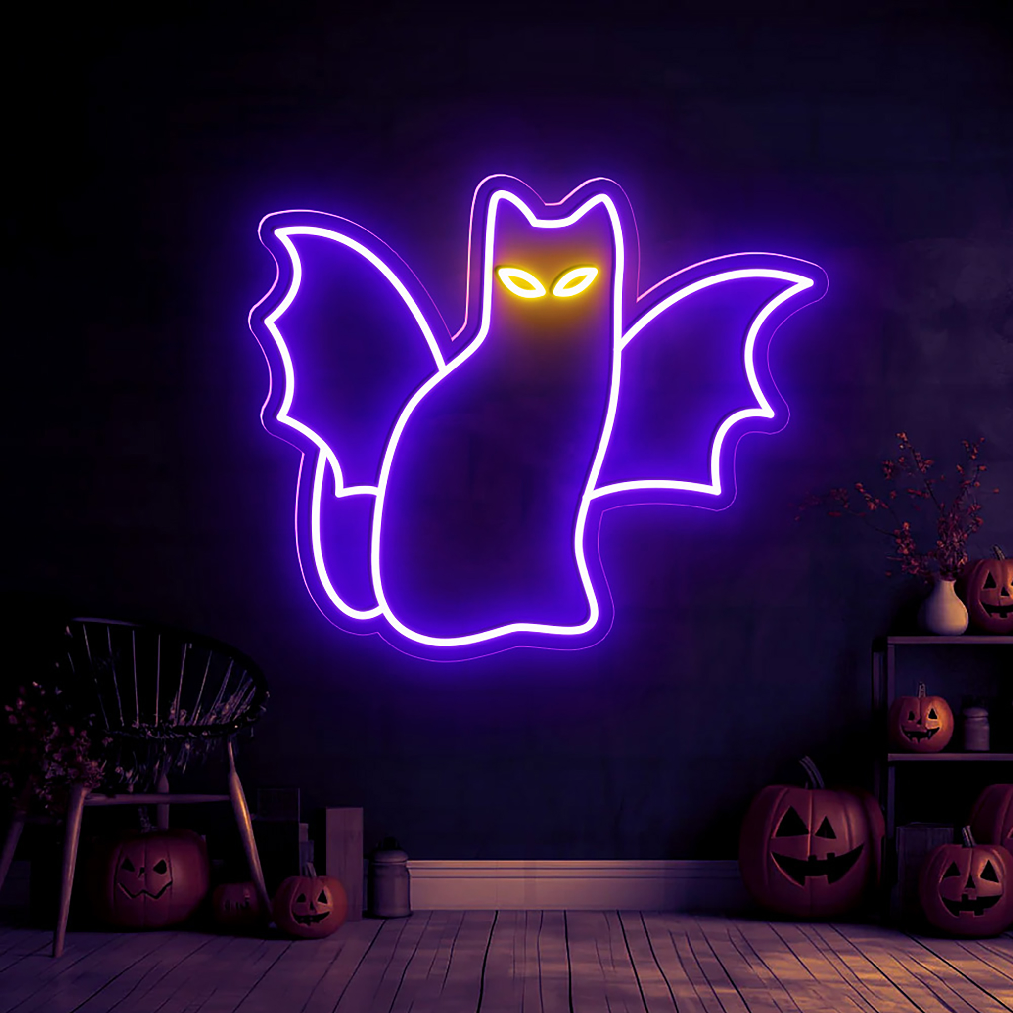 Cat Bat Neon Sign Halloween Wall Art Decor