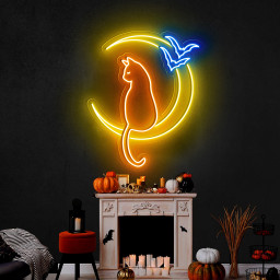 Cat On The Moon Neon Sign Halloween Wall Art Decor