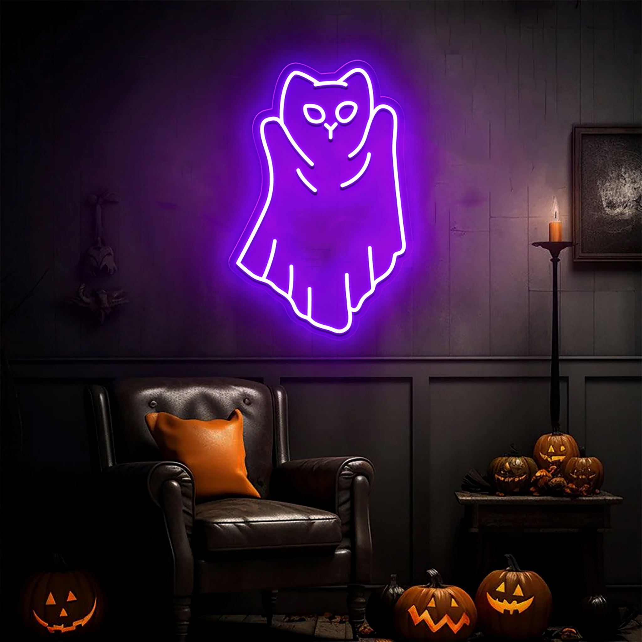 Halloween Cat Ghost Neon Sign Wall Art Decor