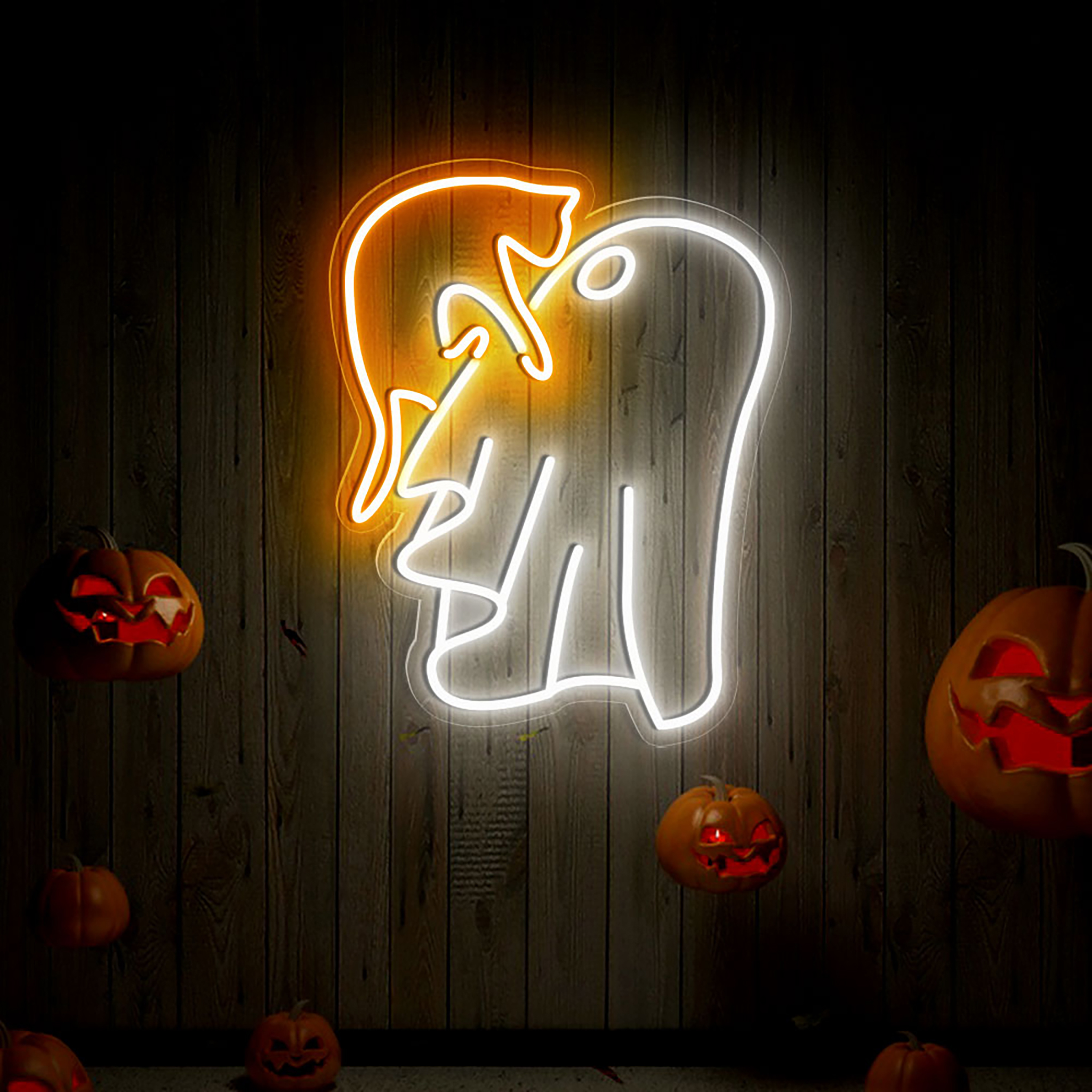 Ghost Holding Black Cat Under The Moon Neon Sign Halloween Wall Art Decor