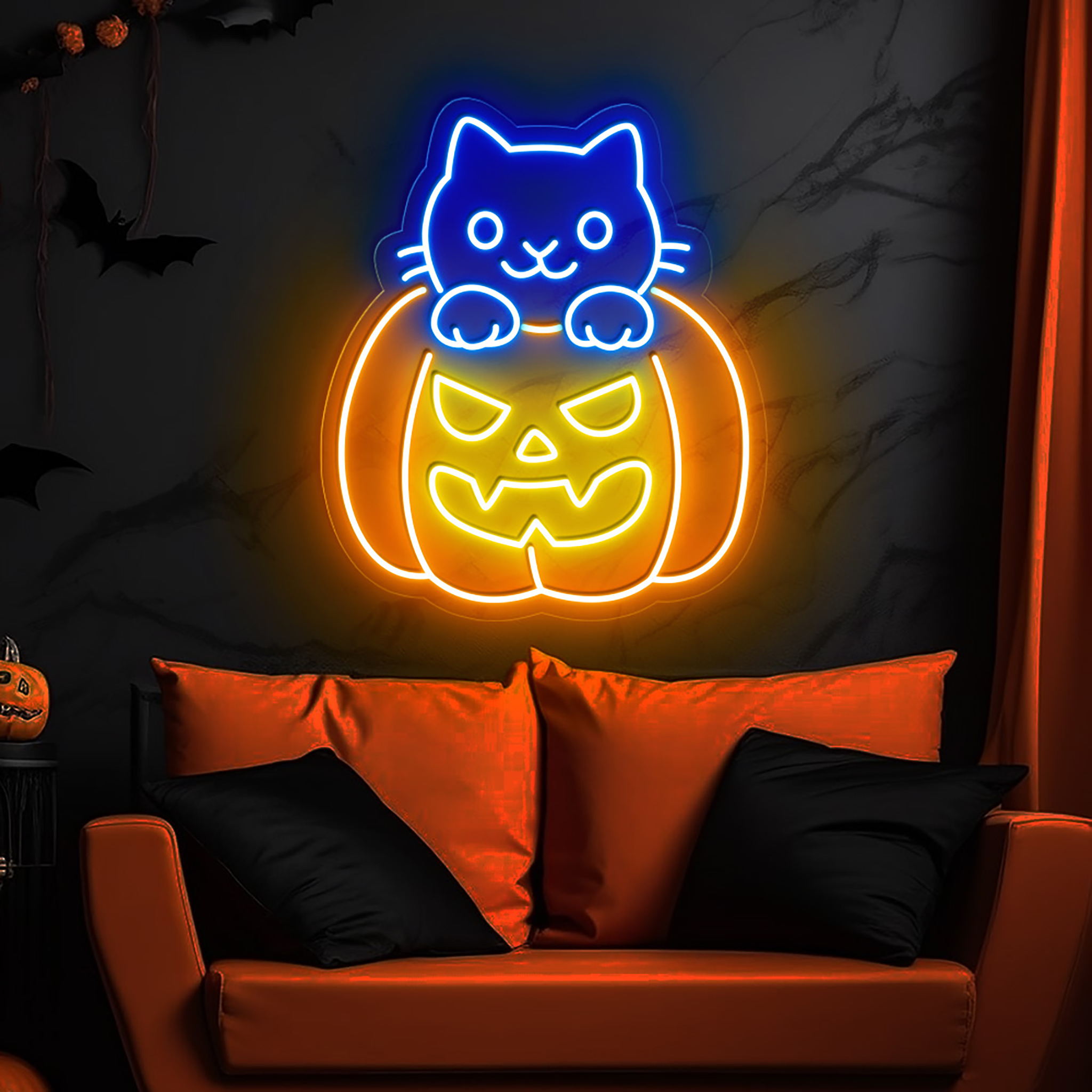 Cat Pumpkin Neon Sign Halloween Wall Art Decor
