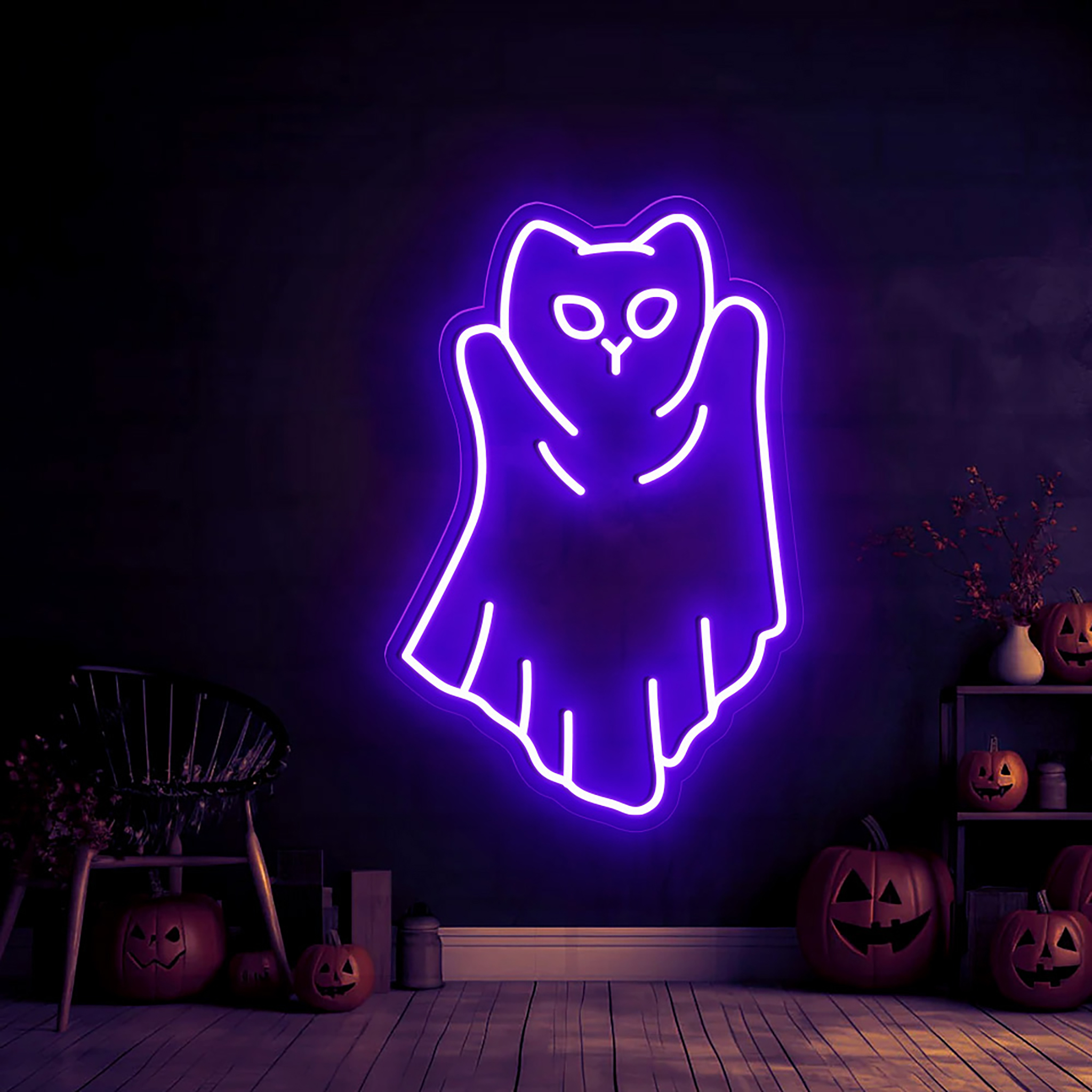 Halloween Cat Ghost Neon Sign Wall Art Decor