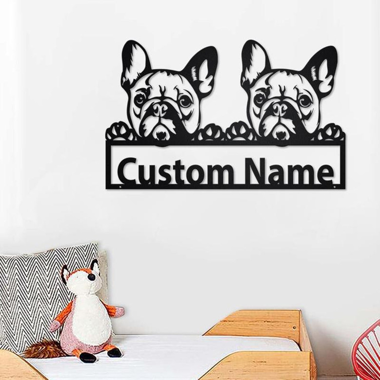 Custom Two French Bulldog Metal Wall Art, Personalized Two French Bulldog Name Sign Decoration For Room, French Bulldog Metal Home Decor