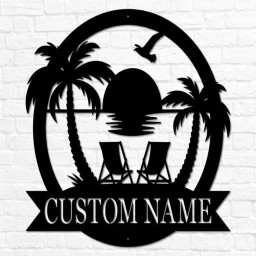 Custom Beach Decor | Lake House Decor | Summer Beach House Sign | Metal Coastal Decor | Outdoor Sign Sunset Beach Monogram
