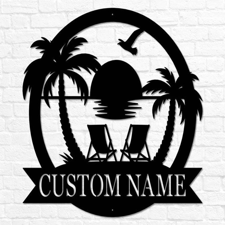 Custom Beach Decor | Lake House Decor | Summer Beach House Sign | Metal Coastal Decor | Outdoor Sign Sunset Beach Monogram