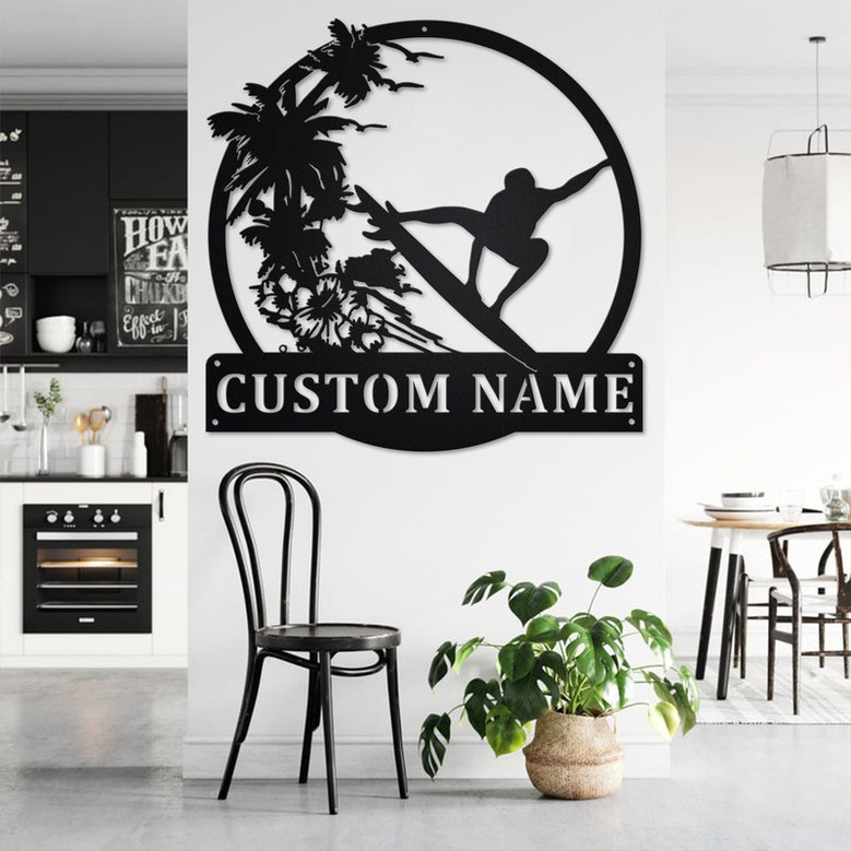 Custom Surfing Sunset Metal Wall Art, Personalized Surfer Name Sign Decoration For Room, Surfing Metal Home Decor, Custom Surfing Sunset