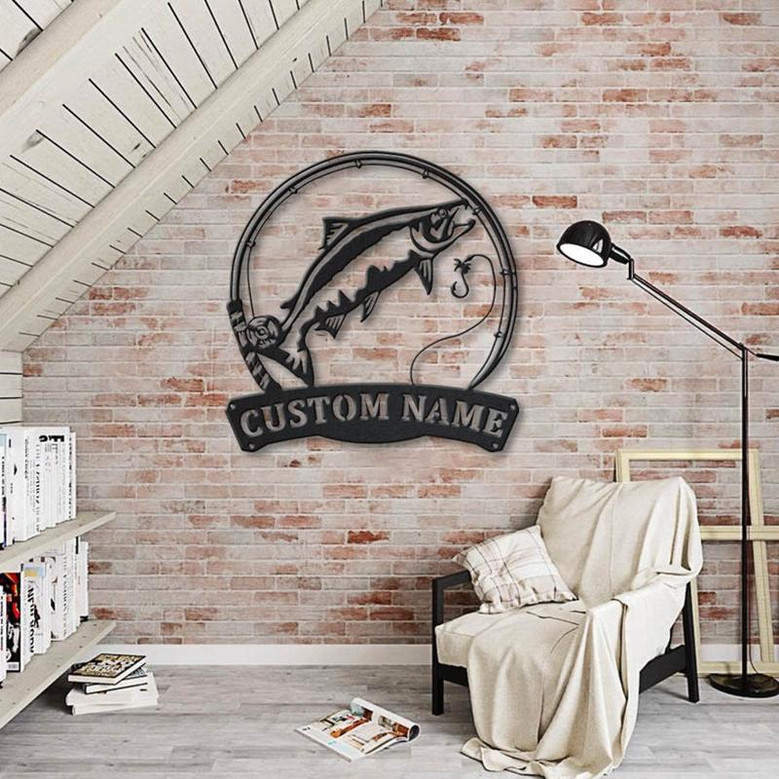 Personalized Chinook Salmon Fish Pole Monogram Metal Sign Art, Chinook Salmon Fish Metal Sign Fishing Lover Sign Decoration For Living Room