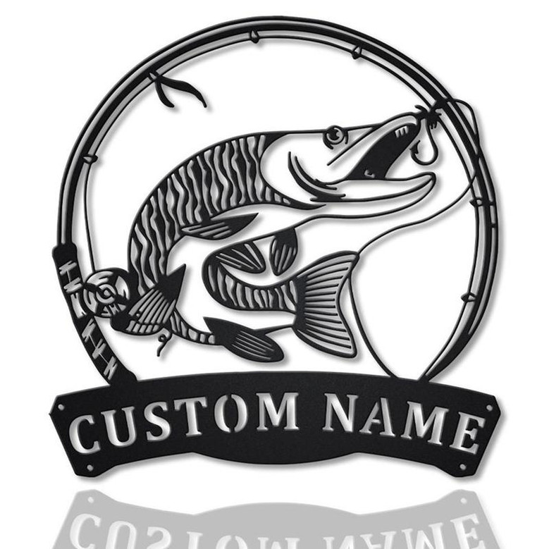 Personalized Tiger Muskellunge Fish Pole Metal Sign Art | Custom Tiger Muskellunge Metal Sign | Tiger Muskellunge Gift | Decor Decoration