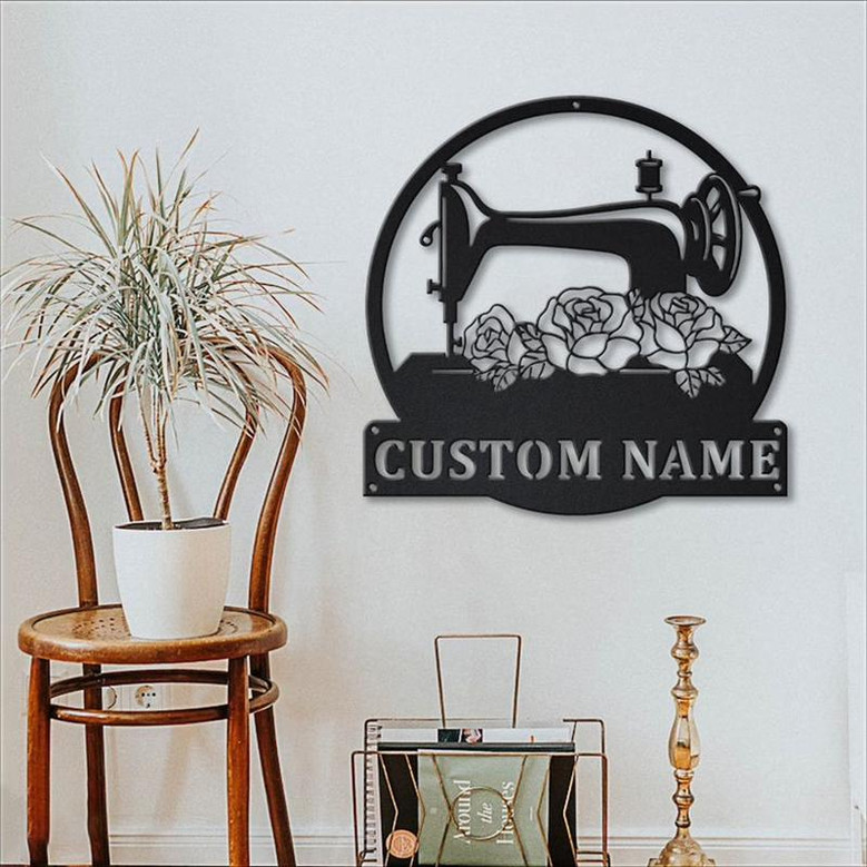 Personalized Floral Sewing Machine Monogram Metal Sign Art Custom Sewing Machine Metal Sign Sewing Lover Sign Decoration For Living Room