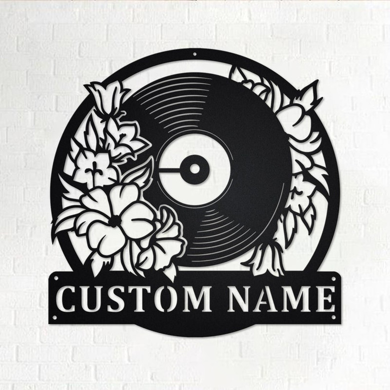 Custom Floral Music Turntable Record Metal Wall Art, Personalized Disc Jockey Name Sign Decoration For Room, DJ Metal Home Decor, Custom DJ