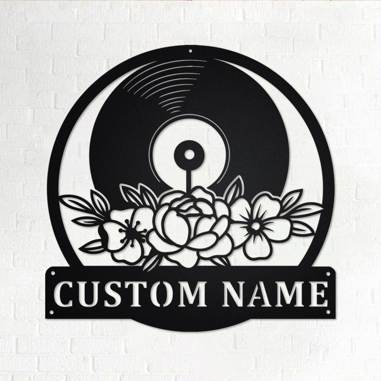 Custom Floral Music Turntable Record Metal Wall Art, Personalized Disc Jockey Name Sign Decoration For Room, DJ Metal Home Decor, Custom DJ