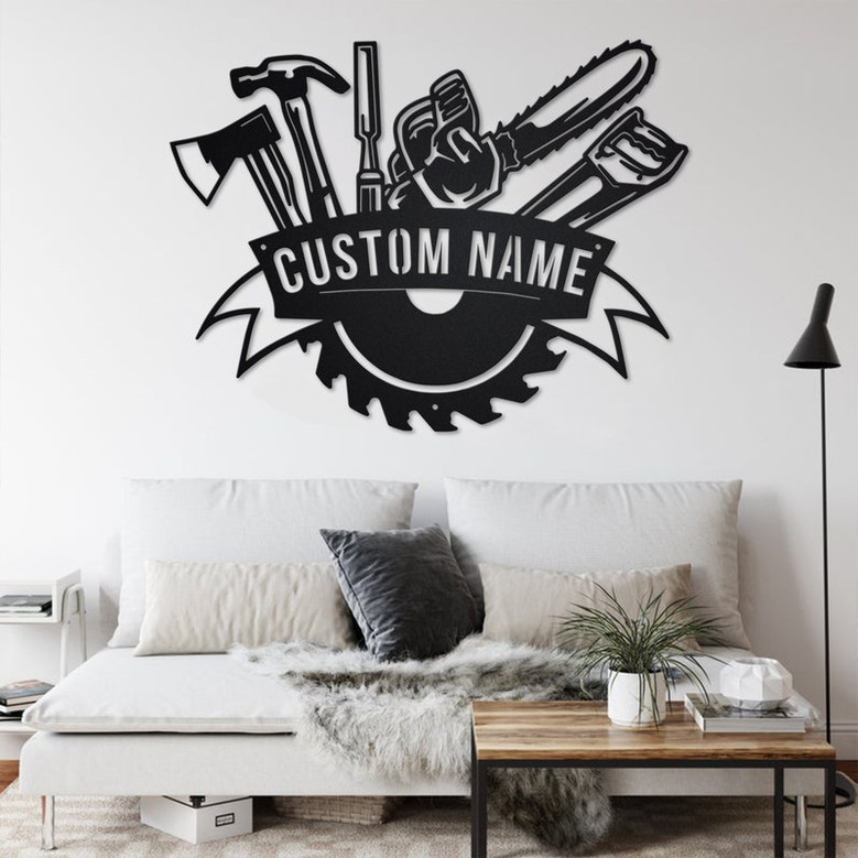 Custom Lumberjack Wood Cutter Tools Metal Wall Art, Personalized Logger Name Sign Decoration For Room, Lumberjack Metal Home Decor