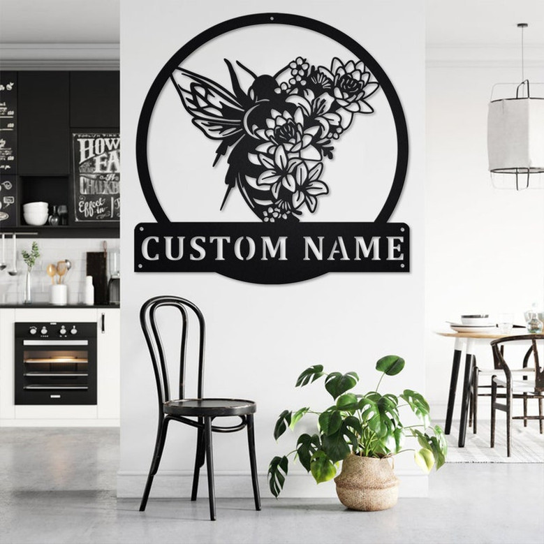 Custom Floral Bee Metal Wall Art, Personalized Beekeeper Name Sign Decoration For Room, Bee Metal Home Decor, Custom Floral Bee, Honey Bees
