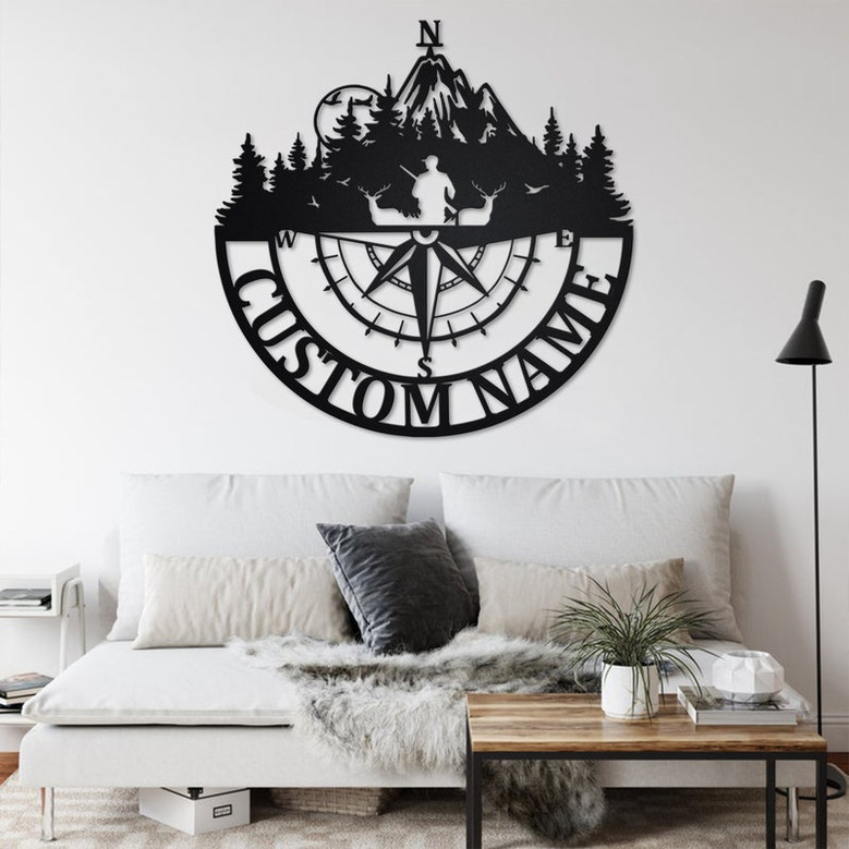 Custom Deer Hunter Compass Metal Wall Art, Personalized Deer Hunter Name Sign Decoration For Room, Deer Hunter Home Decor,Custom Deer Hunter