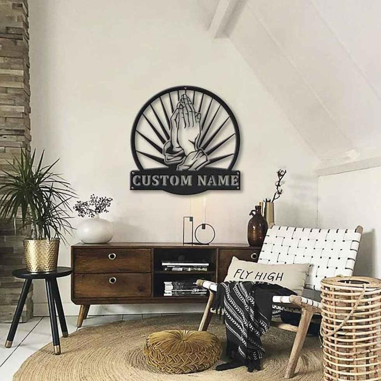 Personalized Prayer Hands Monogram Metal Sign Art , Custom Prayer Hands Metal Sign, Faith Lover Sign Decoration For Living Room