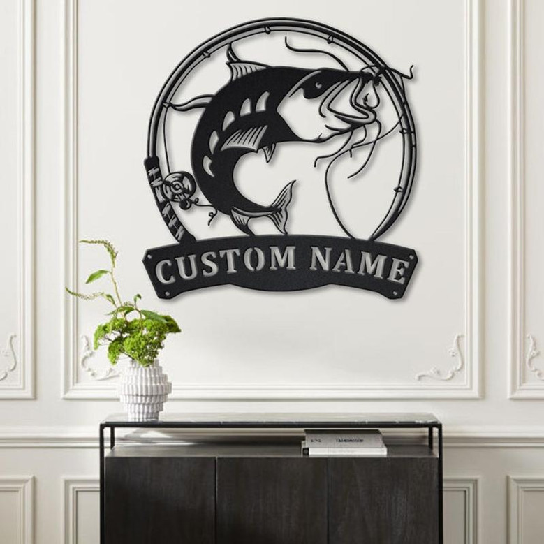 Personalized Catfish Fishing Fish Pole Metal Sign Art | Custom Catfish Fishing Metal Sign | Catfish Fishing Gift | Decor Decoration