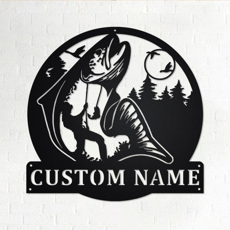 Custom Salmon Fishing Metal Wall Art, Personalized Salmon Fisher Name Sign Decoration For Room, Salmon Fish Metal Home Decor, Custom Fisher