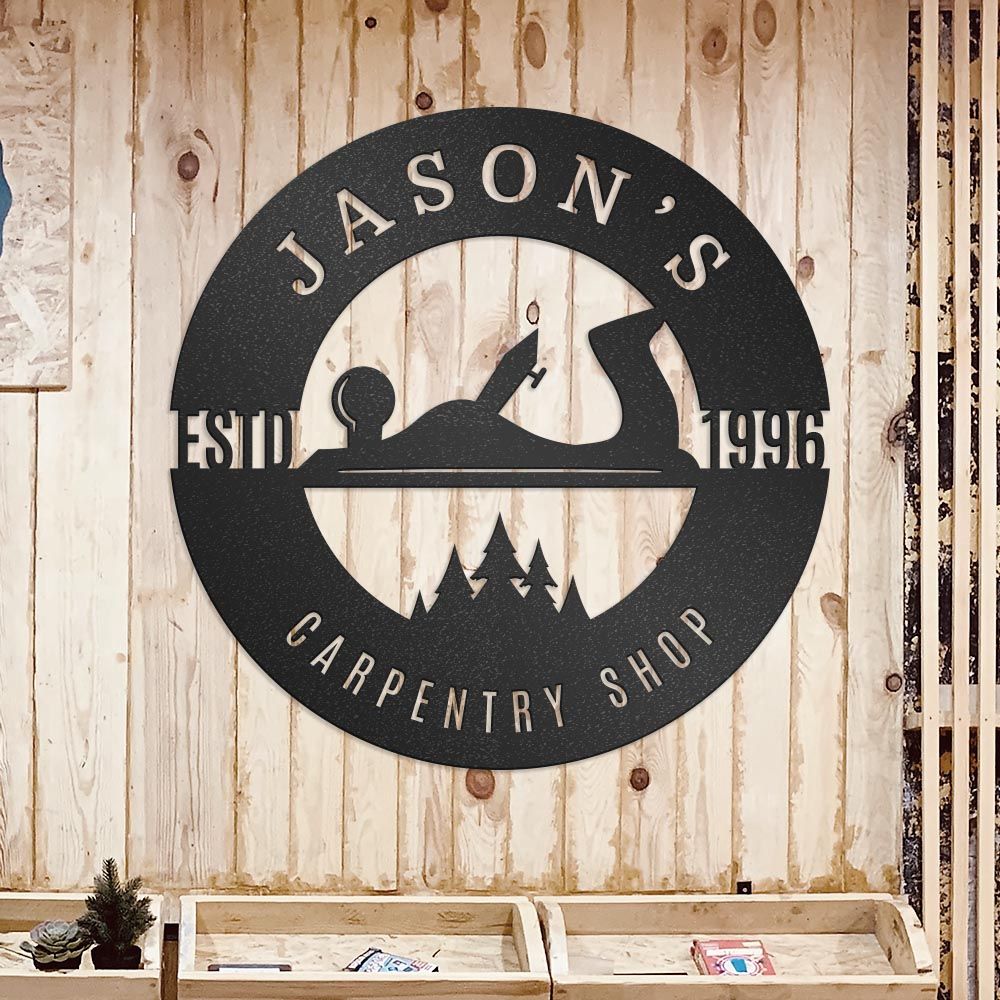 Carpentry Sign For Woodworking, Personalized Metal Wall Art With Established Date, Custom Text