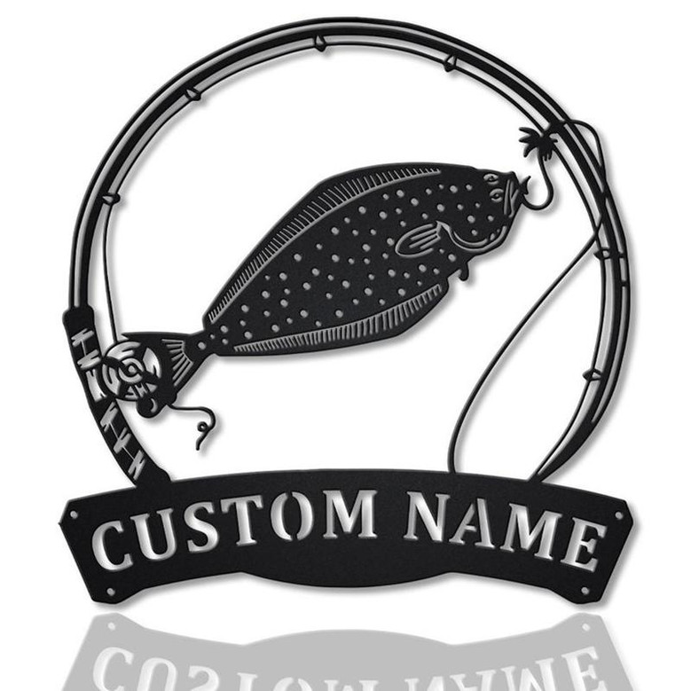 Personalized Halibut Fishing Fish Pole Metal Sign Art | Custom Halibut Fishing Metal Sign | Halibut Fishing Gift
