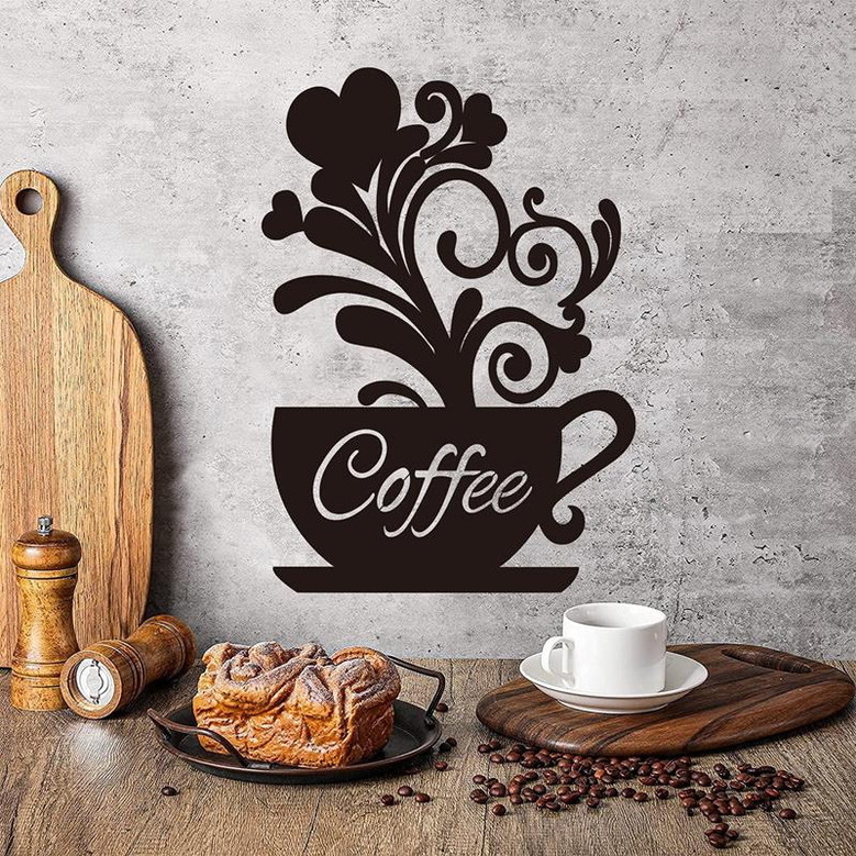 Black Coffee Cup Silhouette Large Hard Cup Signs Wall Art Sculptures Cafe Themed Scrolled Decor for Home Kitchen Decorations
