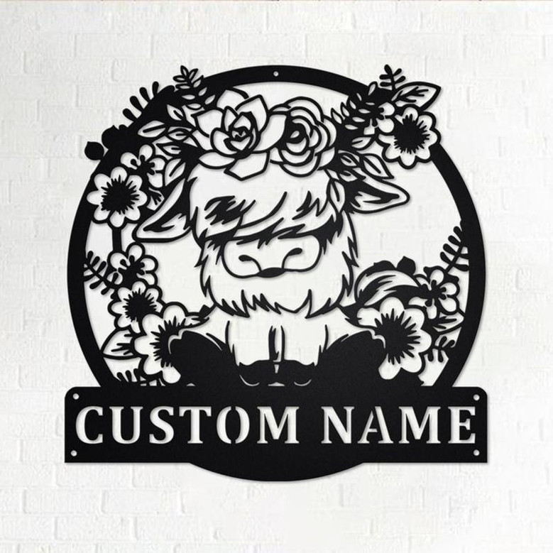 Custom Floral Highland Cow Metal Wall Art, Personalized Highland Cow Name Sign Decoration For Room, Highland Cow Metal Home Decor,Custom Cow