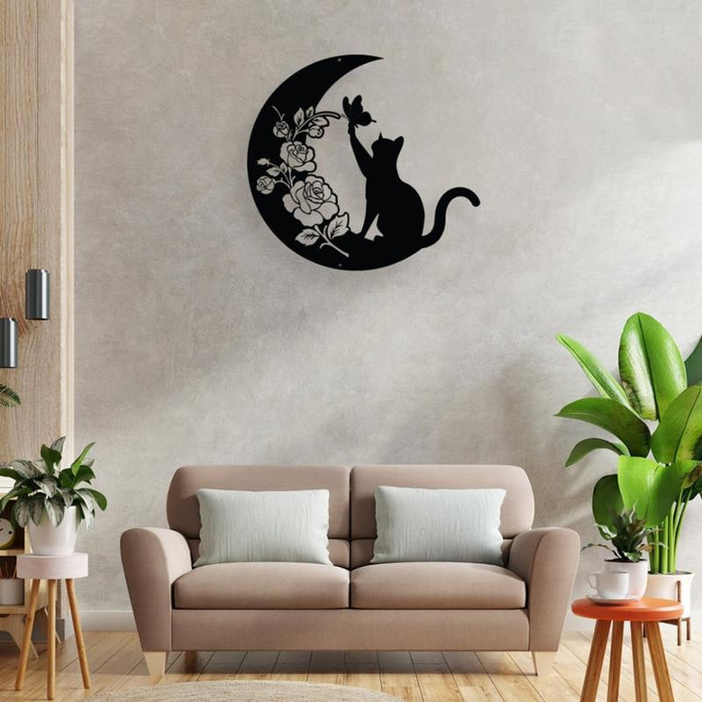 Cat and Moon Metal Wall Art, Cat Lover Gift, Animal Decor, Housewarming Gift, Moon Cat Metal Sign