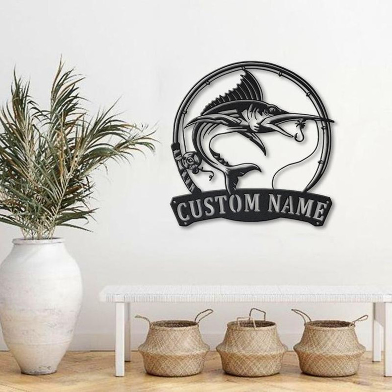 Personalized Marlin Fishing Fish Pole Metal Sign Art | Custom Marlin Fishing Metal Sign | Marlin Fishing Gifts for Men | Marlin Fishing Gift