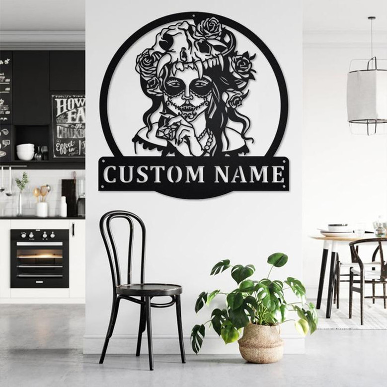 Custom Sugar Skull With Diamond Metal Wall Art, Personalized Sugar Skull Name Sign Decoration For Room, Sugar Skull Metal Home Decor, Skull