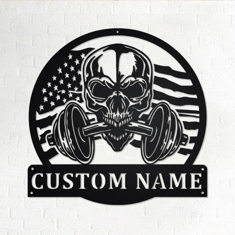 Custom US Flag Skull Fitness Metal Wall Art, Personalized Gymer Name Sign Decoration For Room, Gym Metal Home Decor, Custom US Flag Fitness